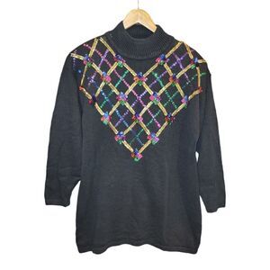 Vintage Christmas Oversized Holiday Ugly Sweater Black Shoulder Pads Sequins M